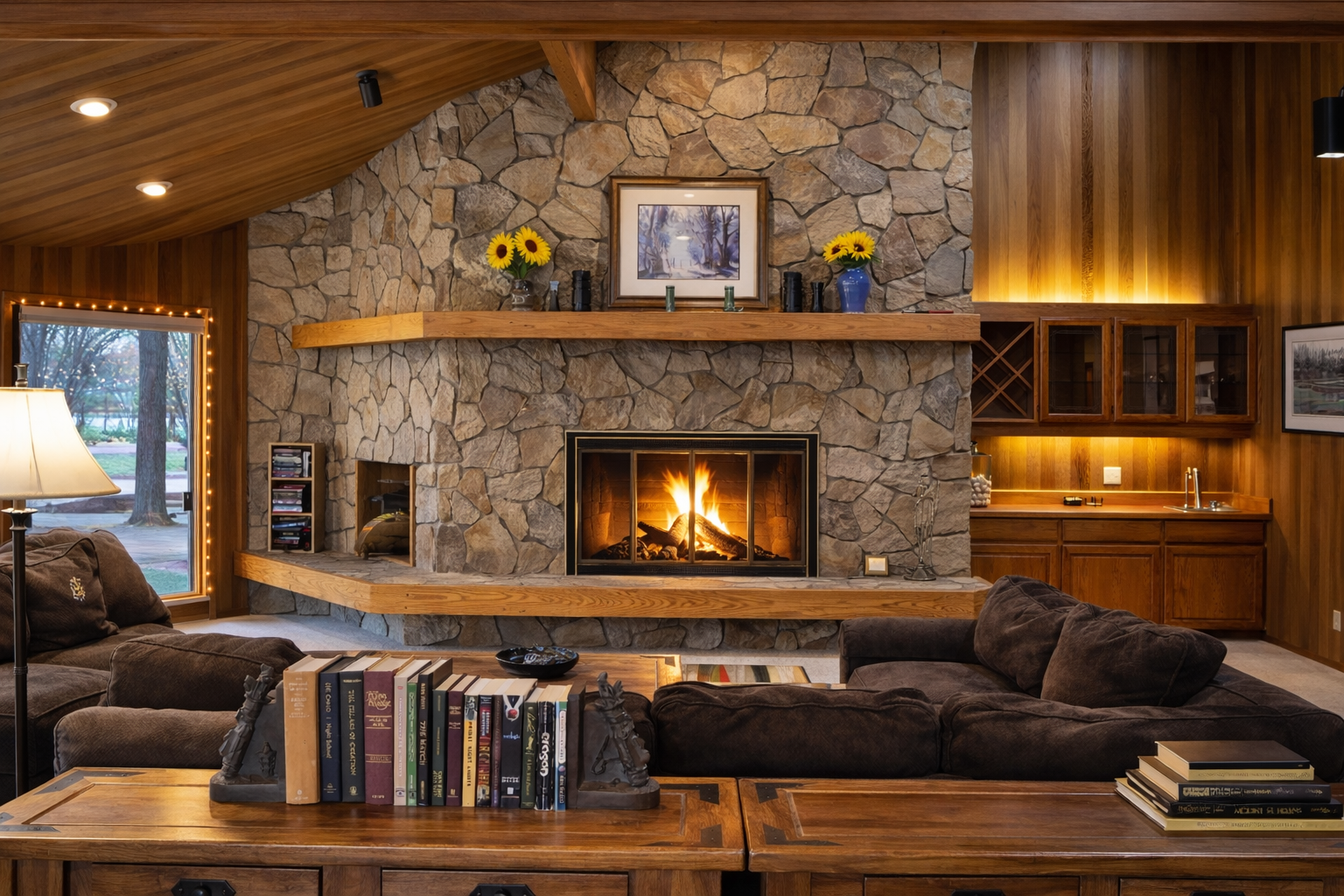 Sink into plush seating by the crackling stone fireplace, where warm wood tones and thoughtful touches create your perfect mountain retreat.