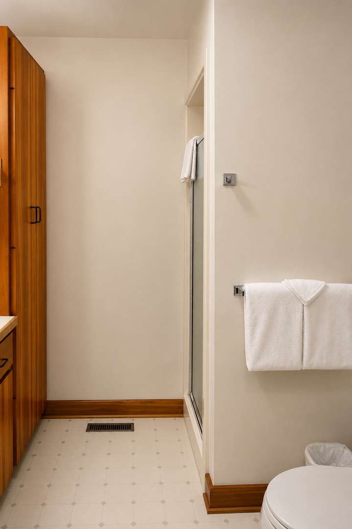 A minimalist bathroom awaits with crisp white towels neatly arranged on a sleek rack, ready for your arrival. The clean lines and warm wood accents create a serene space for your daily refresh.