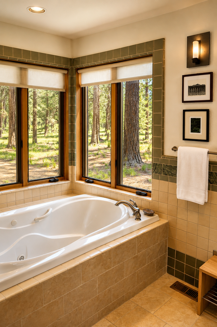Soak in your luxurious jetted tub while gazing at towering pines through expansive windows—nature becomes your private spa backdrop, offering pure tranquility.