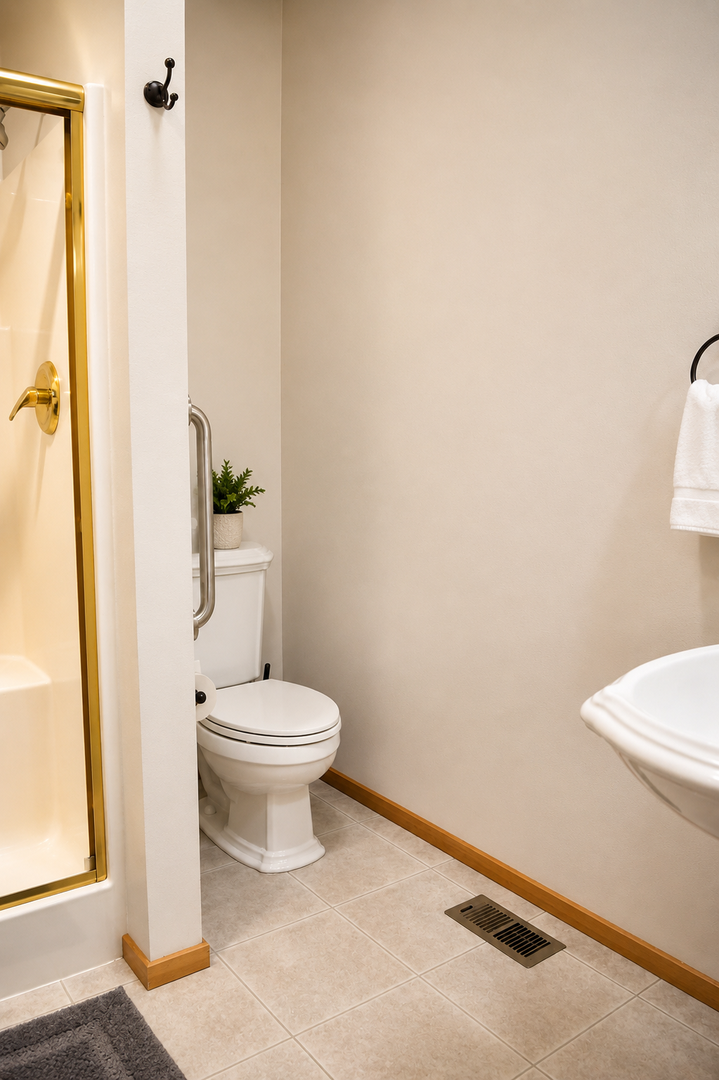 A clean, accessible bathroom featuring thoughtful grab bars for added safety and comfort during your stay.