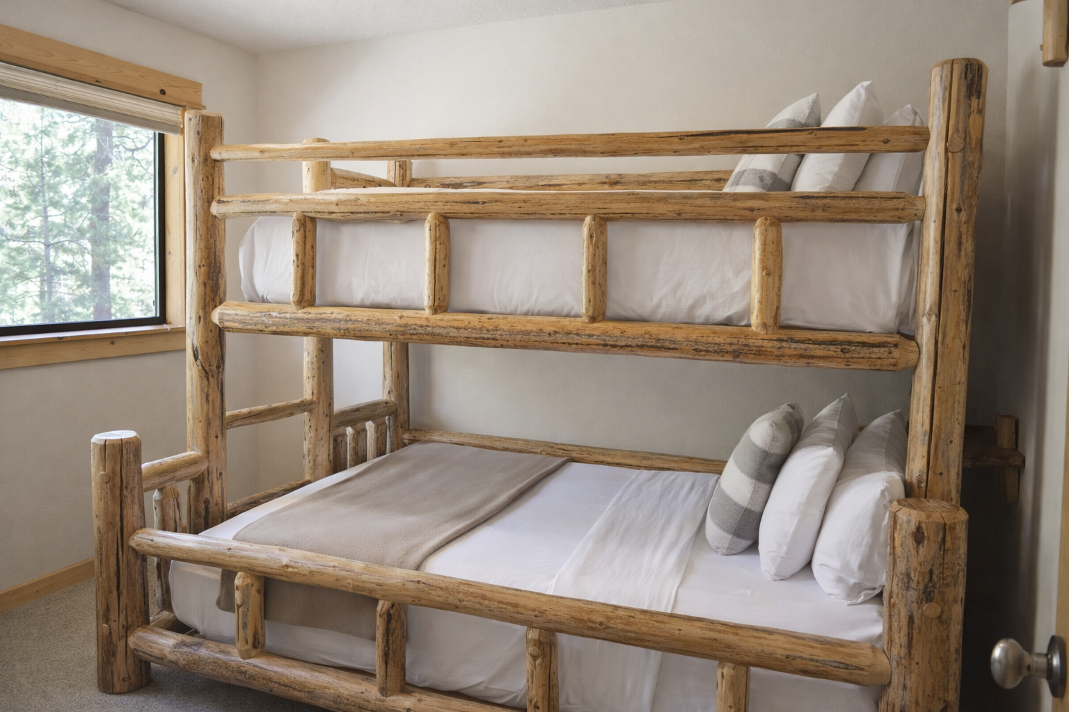 Sleep soundly in this charming rustic bunk bed with natural log framing and crisp white linens.