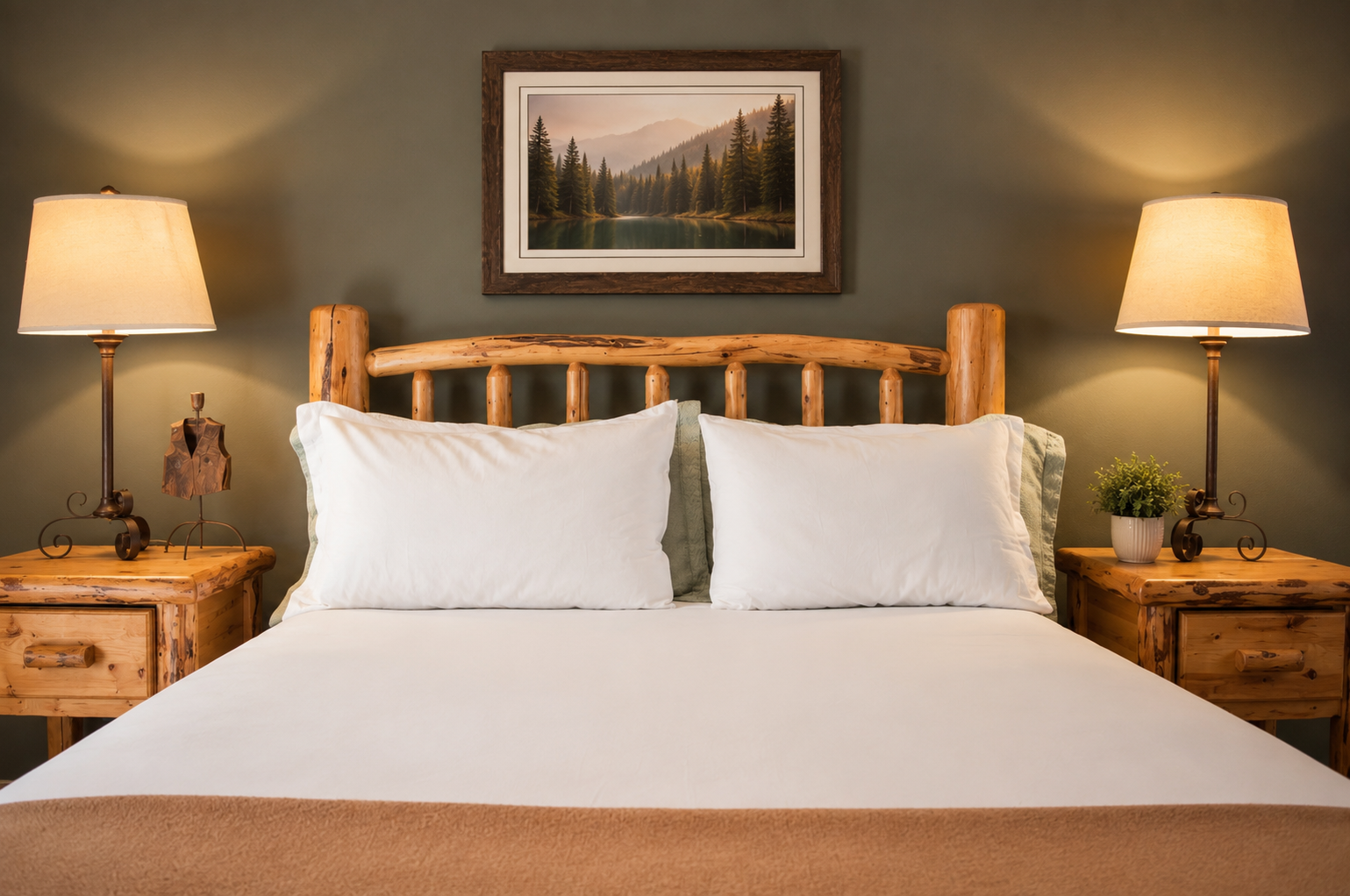 Sink into the crisp white linens of your rustic log bed, framed by warm lamps and mountain views that bring the outdoors in for your perfect retreat.