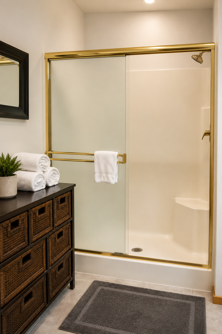 Unwind in your elegant bathroom featuring a spacious walk-in shower with modern gold accents, plush towels, and plenty of storage to make you feel right at home.