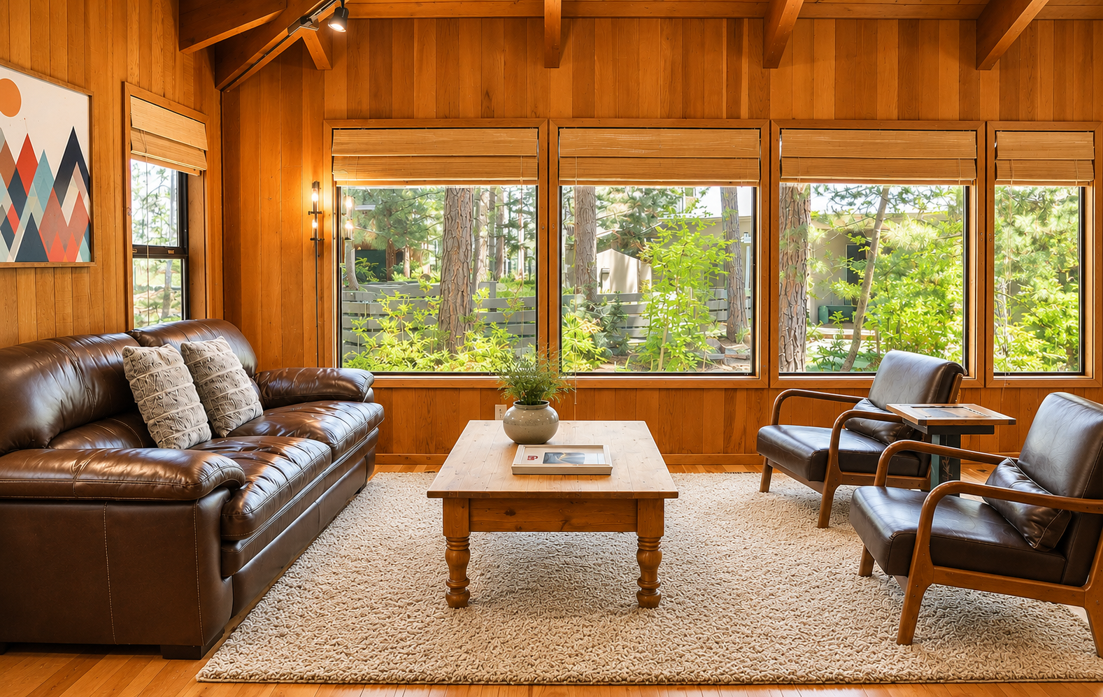Relax in the warm embrace of natural wood and leather seating as you gaze out at towering pines and lush greenery through expansive windows that frame your tranquil forest retreat.