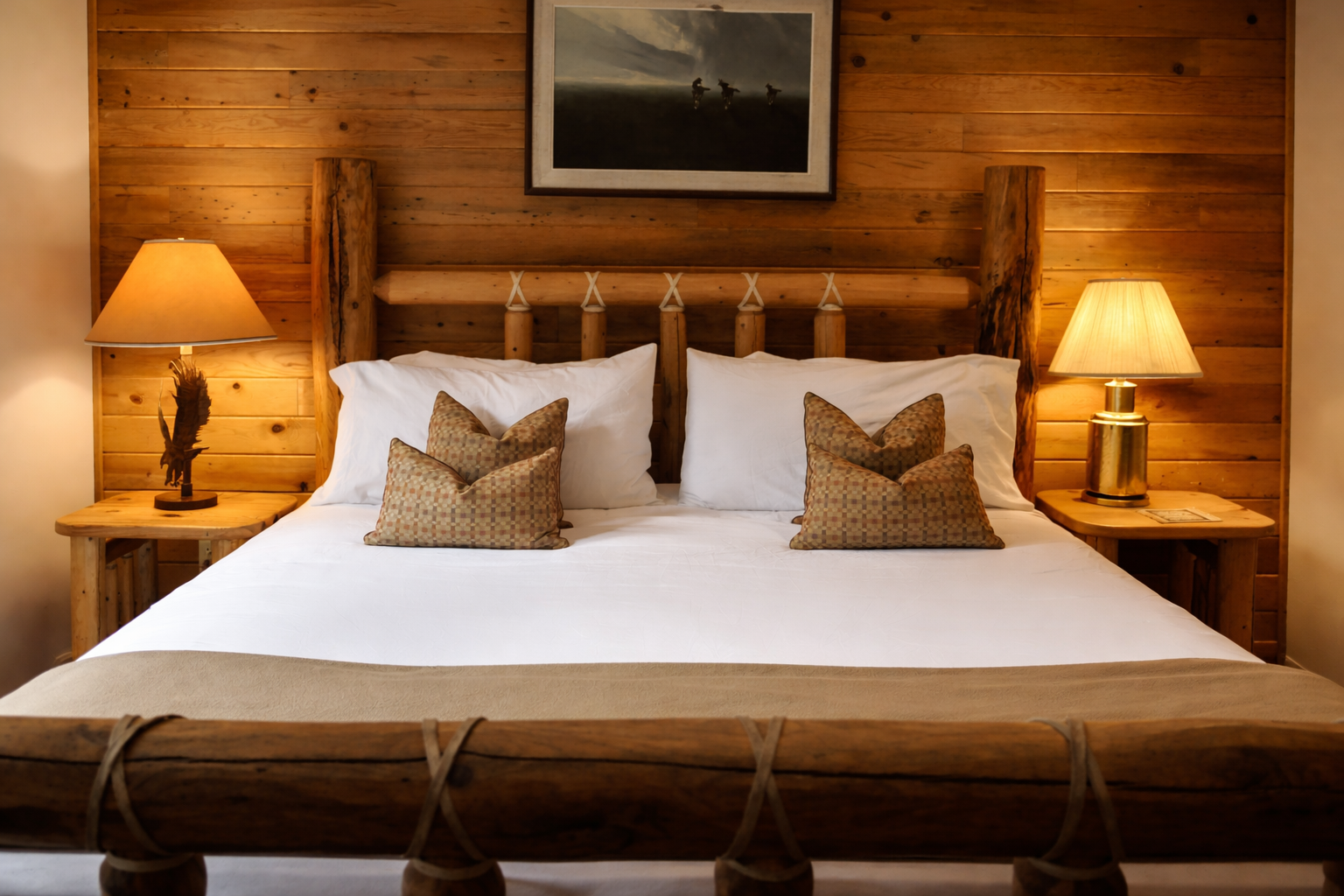 Sink into this cozy rustic bedroom where warm wood surrounds you and soft lamplight creates the perfect atmosphere for peaceful nights.