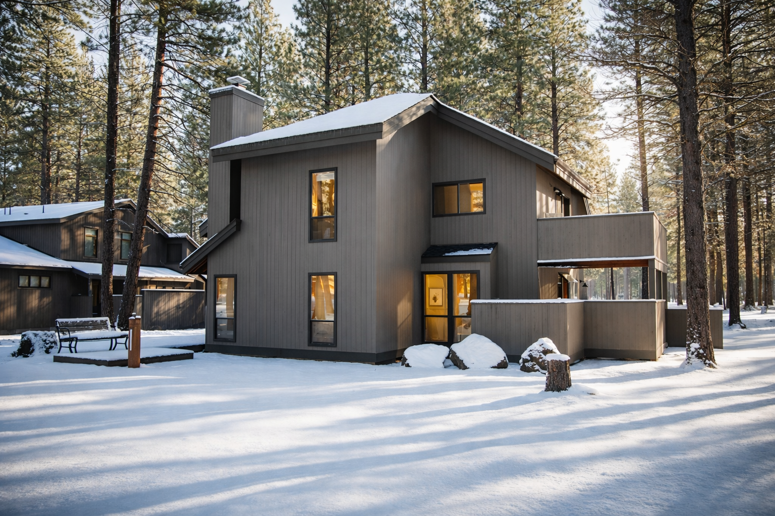 Modern mountain retreat nestled among towering pines, with warm windows glowing against fresh winter snow and peaceful forest surroundings.