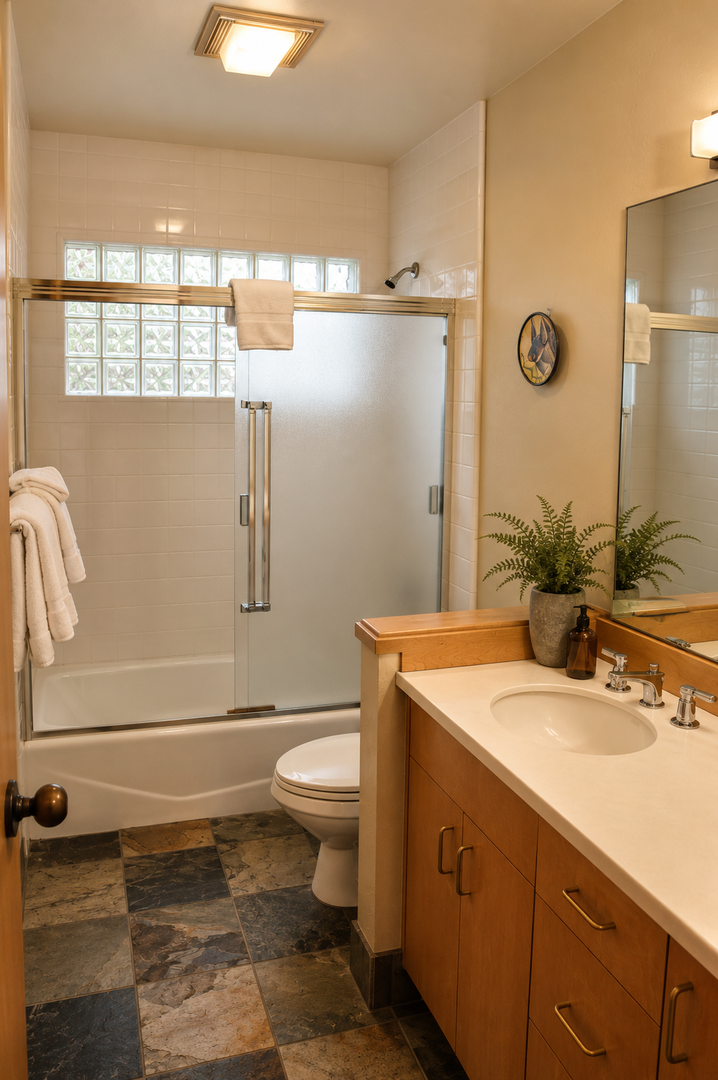 Refresh in your private bathroom with sleek finishes, a spacious vanity, and a soothing tub-shower combo perfect for unwinding after a day of adventure.