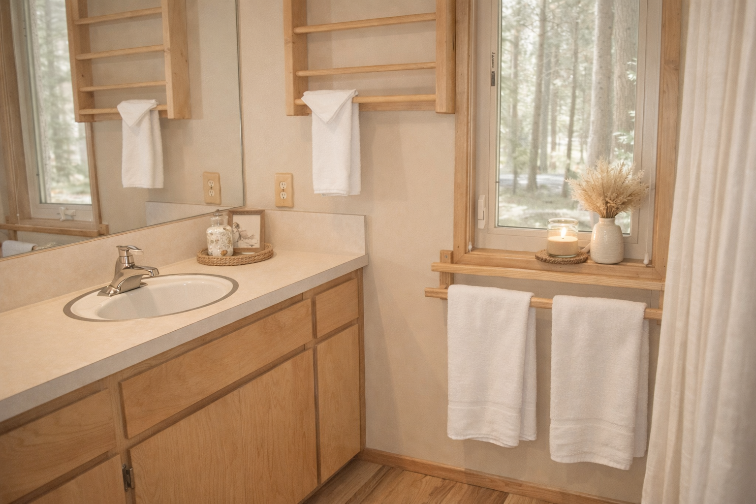 Your bright bathroom features warm wood cabinets, fresh towels, and natural light creating a peaceful morning routine space.