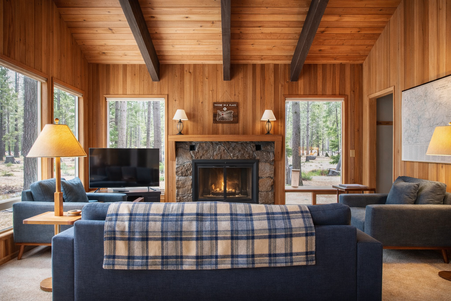 Cozy up in your rustic living room where warm wood beams frame a crackling stone fireplace, perfect for mountain evenings.