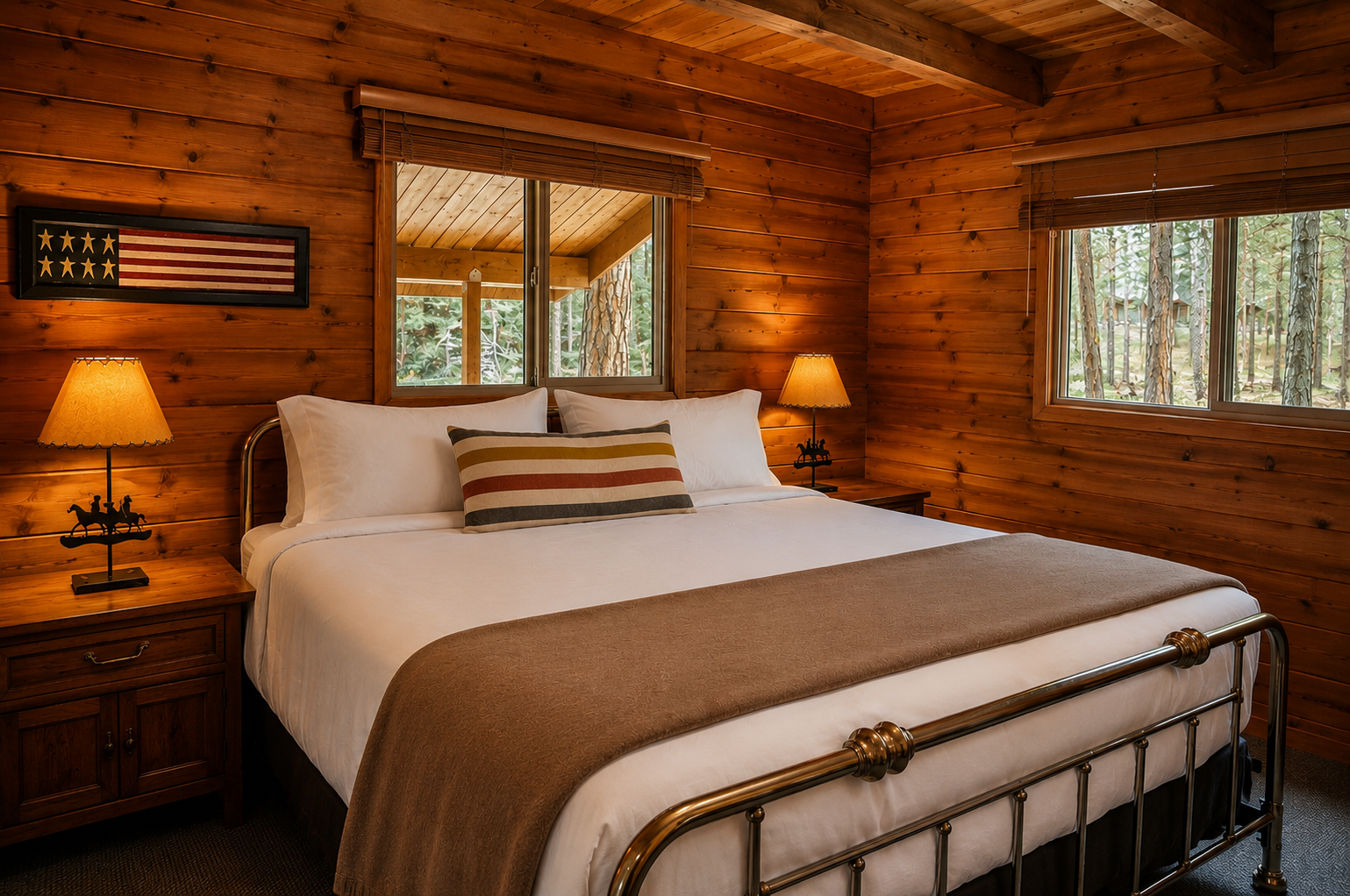 Sink into crisp linens and warm rustic charm in your cozy cabin bedroom, where pine-scented breezes and forest views invite peaceful rest.