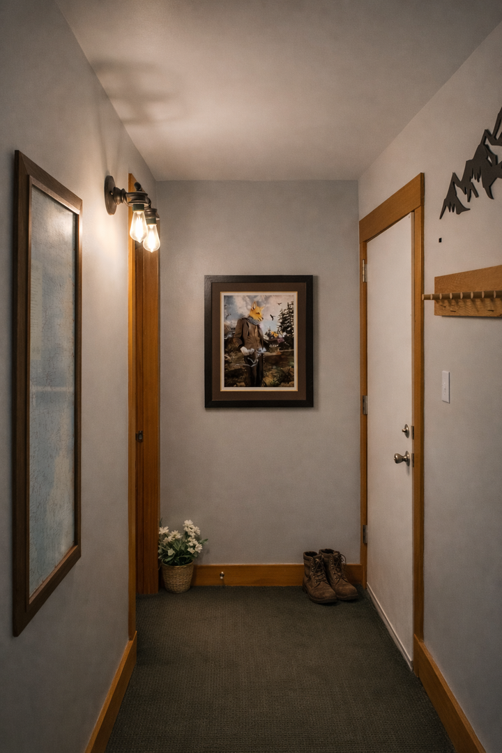 Step into your cozy mountain retreat through this welcoming hallway, where warm wood accents and thoughtful touches create an instant sense of home.