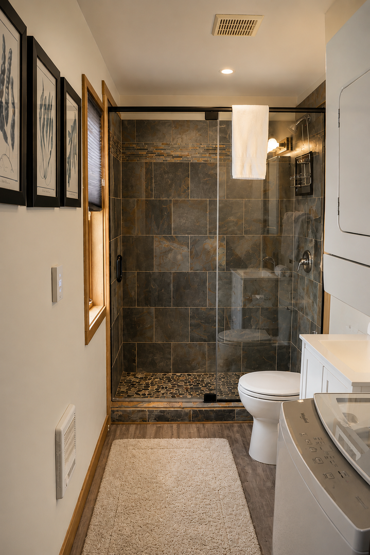 Step into your private spa-like bathroom, where rich slate tiles and a spacious walk-in shower await. Soft towels, rainfall showerhead, and warm lighting create the perfect unwinding retreat.
