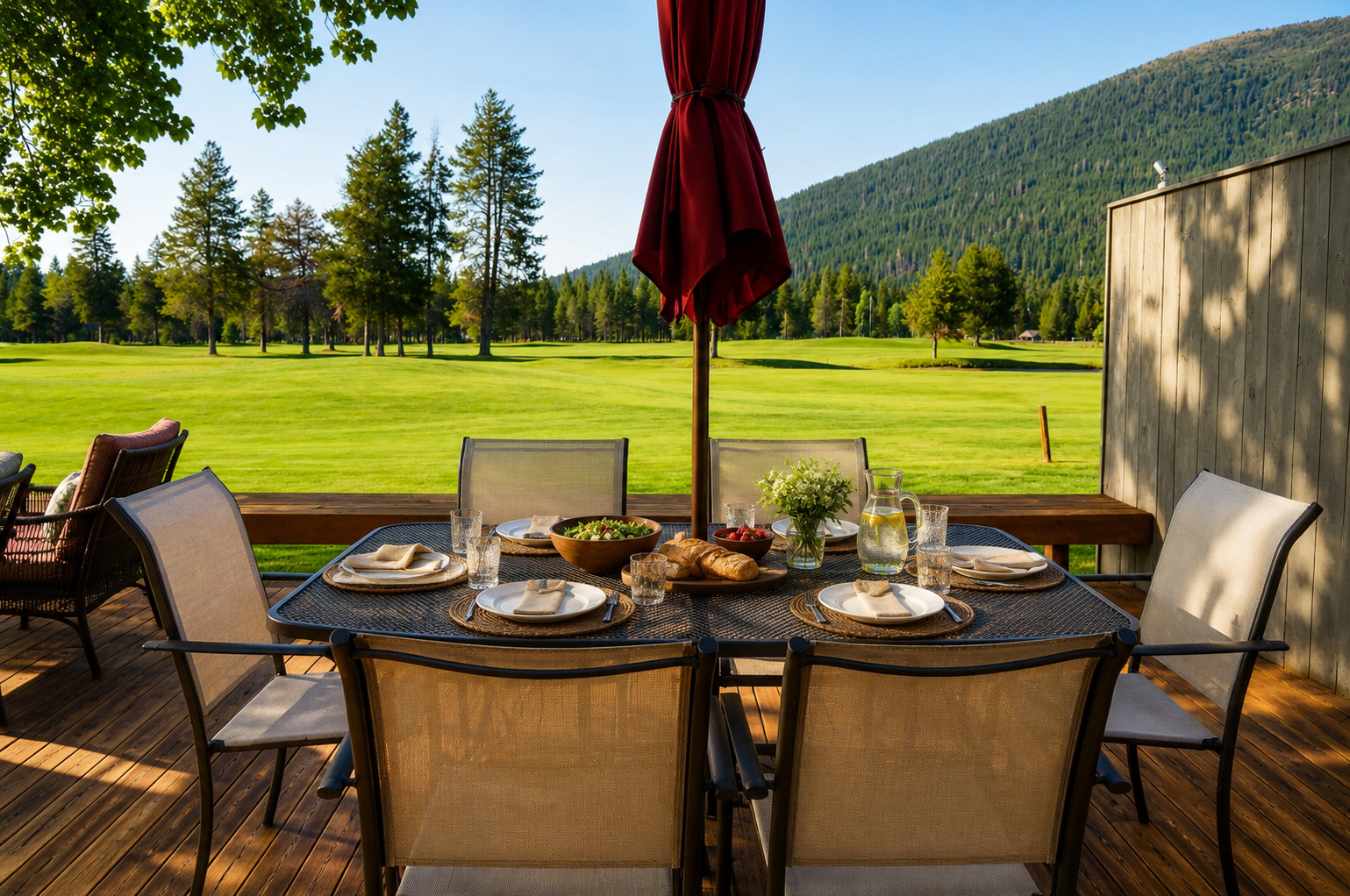 Panoramic golf course views frame your private deck, where an outdoor dining table awaits leisurely meals surrounded by mountain majesty and evergreen forests.