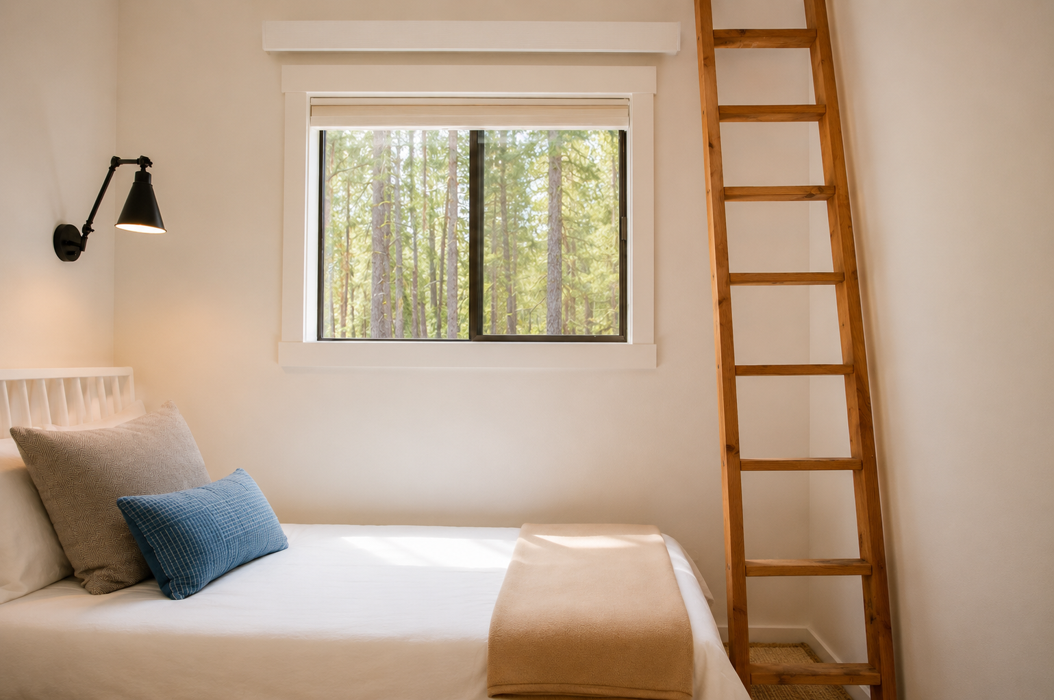 Drift off in this serene bedroom where forest views greet you each morning through the window, while a cozy reading nook and lofted sleeping space await your retreat.
