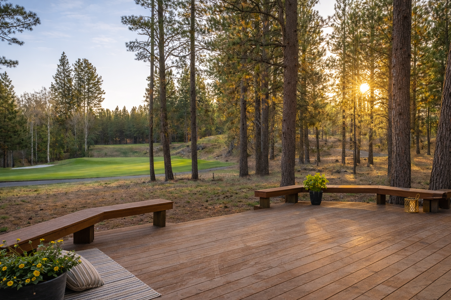 Unwind on your private deck overlooking the golf course, where golden light filters through towering pines during your peaceful morning coffee.