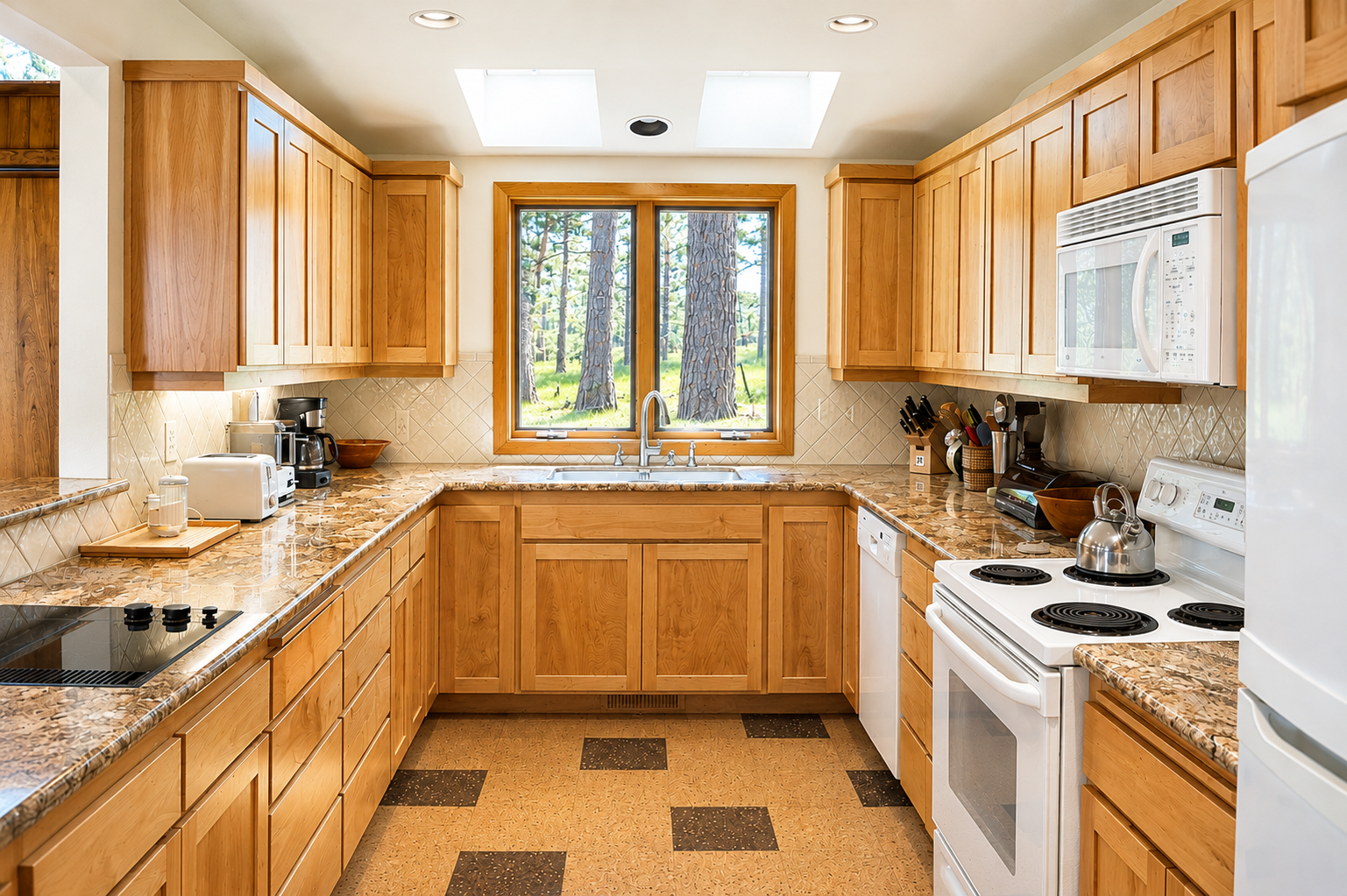 Your fully equipped kitchen features granite countertops, warm oak cabinetry, and forest views through the window—perfect for preparing meals during your stay.