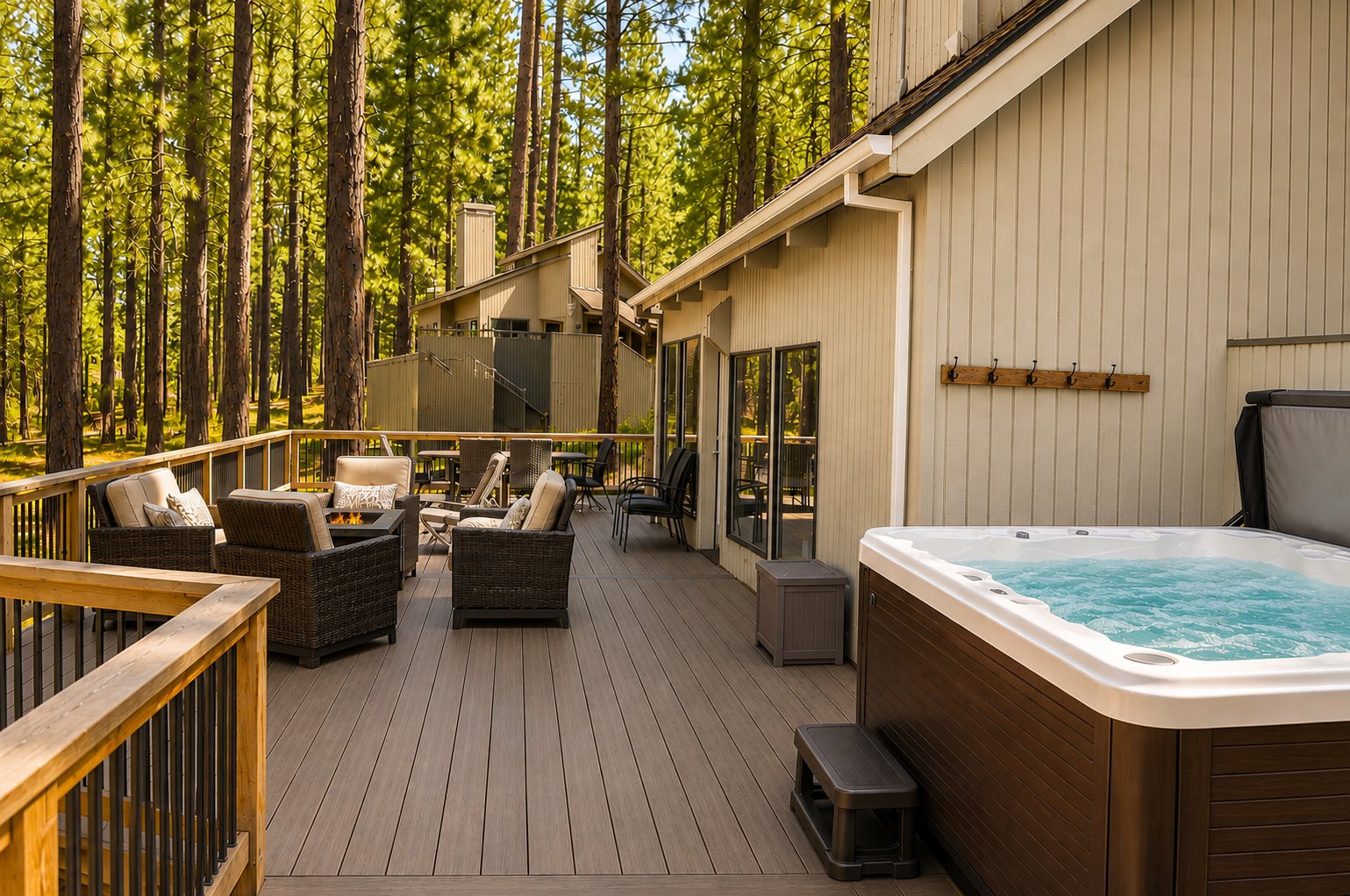 Unwind in your own private hot tub on this spacious deck, surrounded by towering pines. Sink into plush outdoor seating and let the forest calm your senses.