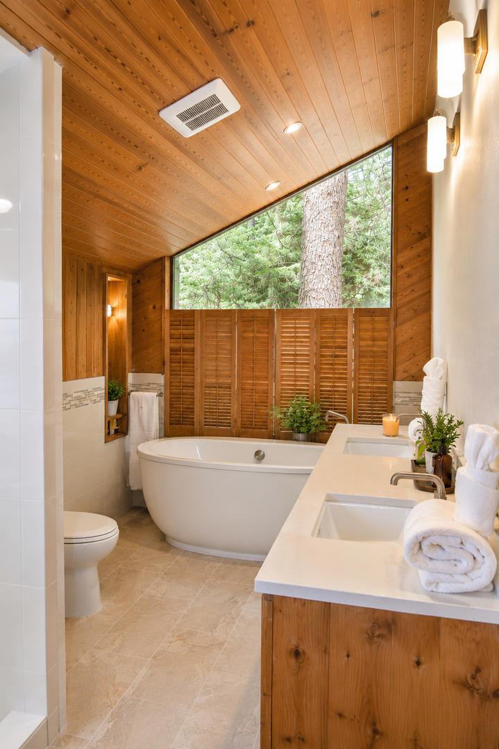 Unwind in your spa-inspired bathroom with a soaking tub under warm wood ceilings and views of lush greenery outside.