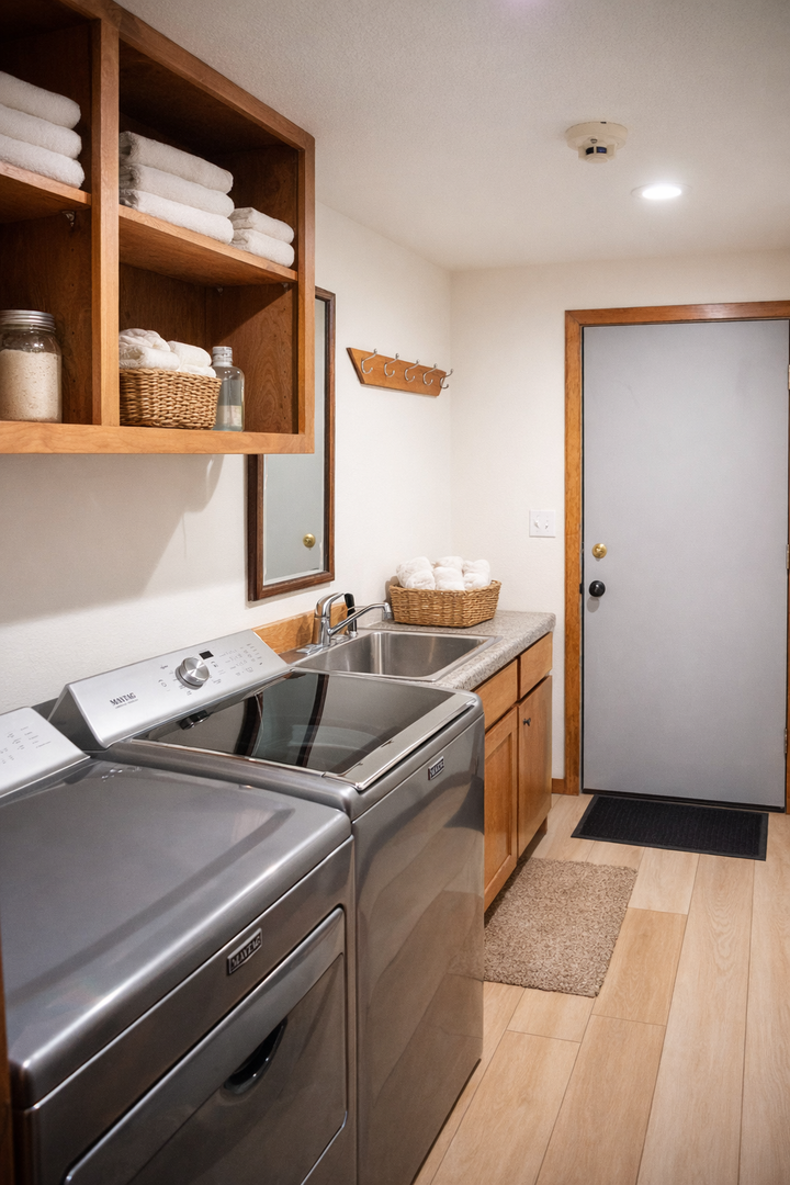 Step into your private laundry room, beautifully organized with warm wood shelving, fluffy towels, and everything you need for effortless care during your stay.