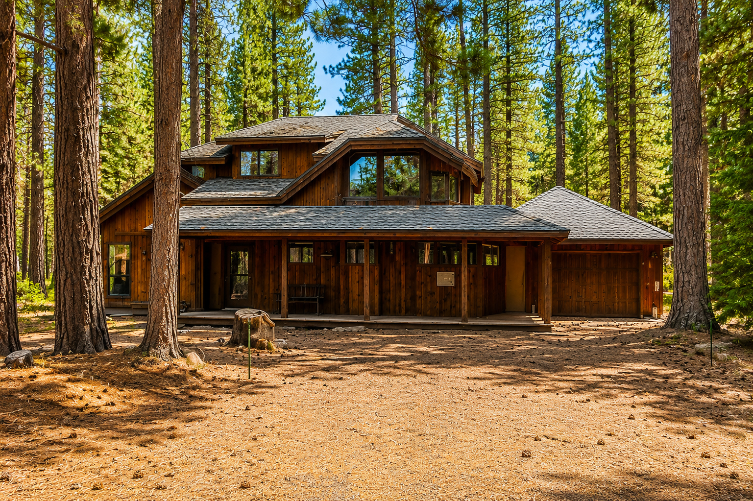 A two-story wooden lodge surrounded by towering pines in a tranquil forest setting.