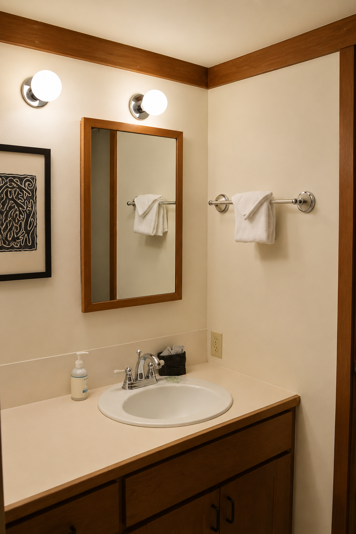 Your private bathroom features warm wood accents, soft lighting, and fresh towels waiting for you—everything you need to feel right at home.