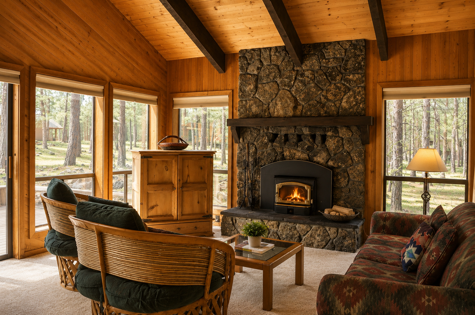 Settle into this cozy living room, where the stone fireplace crackles warmth and large windows frame serene forest views. Vaulted wood ceilings and comfortable seating invite you to unwind and reconnect with nature.
