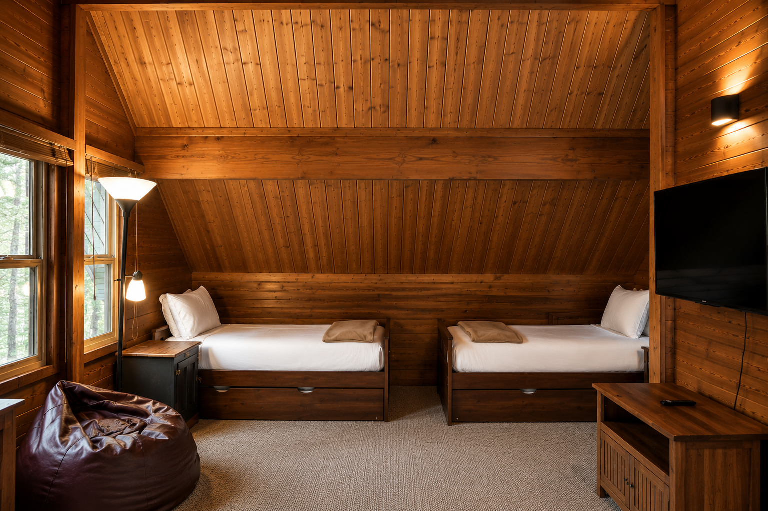 Your cozy cabin-style retreat features two comfortable beds under vaulted wood ceilings, with a bean bag chair for relaxing and modern TV for entertainment.