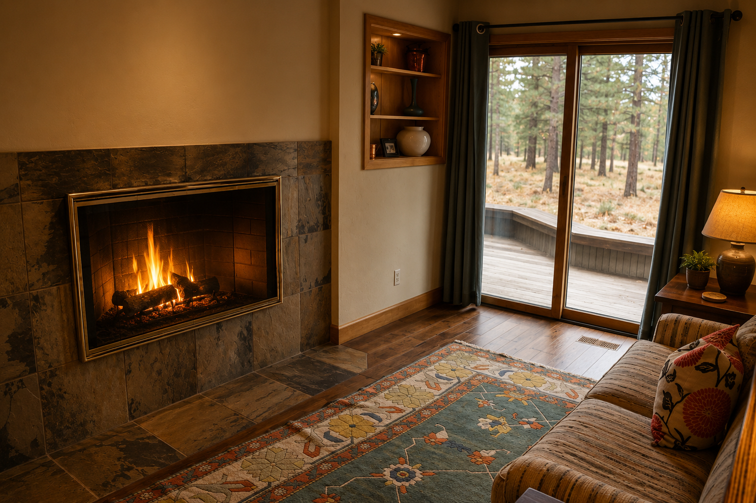 Curl up by the crackling fireplace and gaze out at the serene pine forest from your cozy living room, where warmth and nature blend seamlessly for your perfect retreat.
