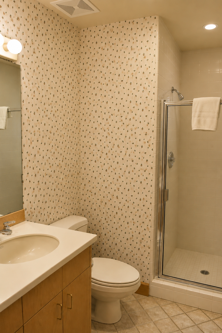 Your private bathroom features a walk-in shower, modern fixtures, and cheerful patterned wallpaper that adds personality to your daily routine.