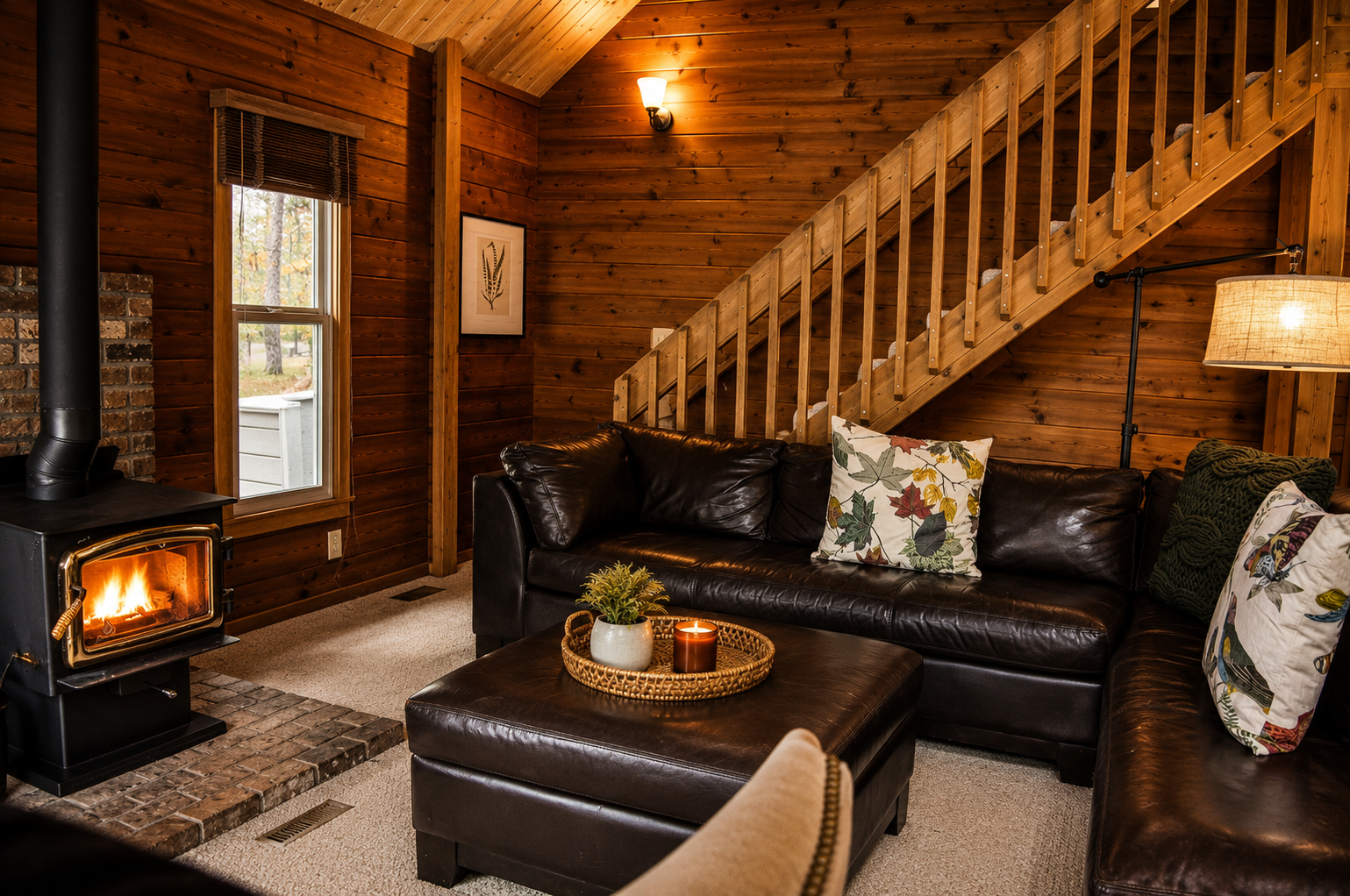 Curl up by the crackling fire in this cozy cabin living room. Rich wood walls and a leather sofa invite you to unwind, while warm lamplight and charming décor make every evening feel like a peaceful woodland escape.