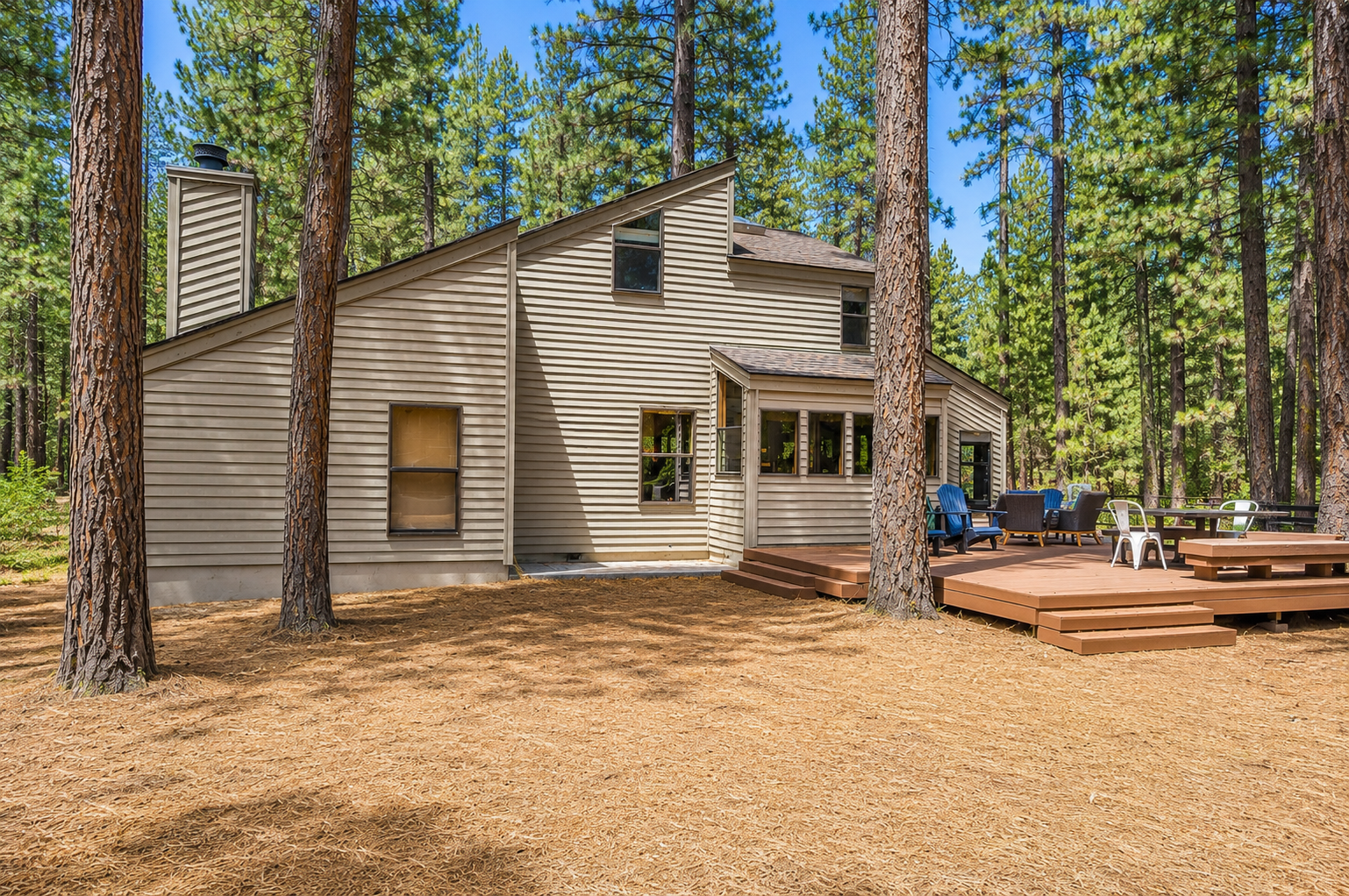 Modern retreat nestled among towering pines, featuring a spacious multi-level deck with colorful seating for outdoor relaxation.