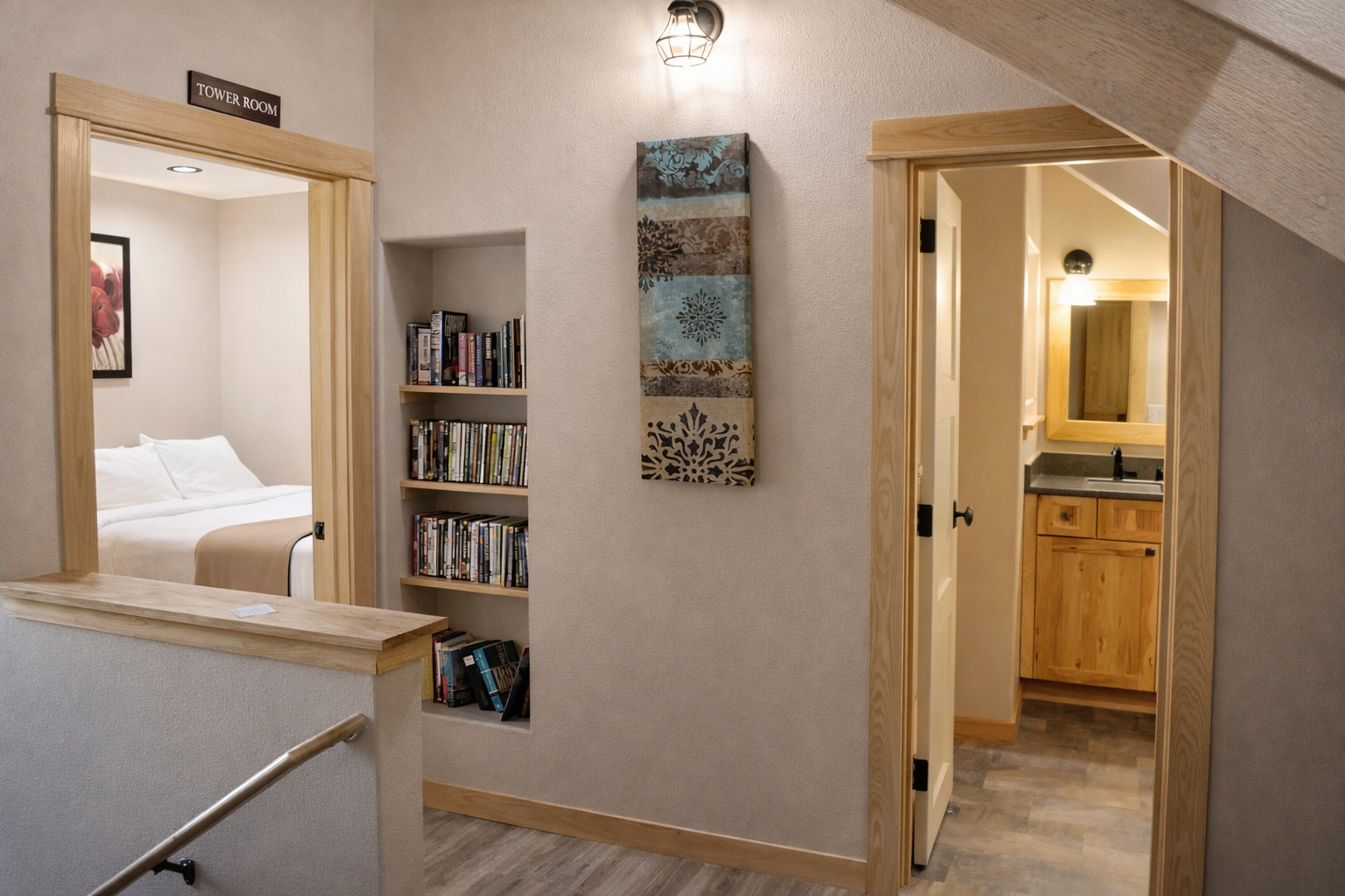 Step into your cozy retreat where built-in bookshelves invite quiet moments and warm wood accents create a welcoming atmosphere throughout your space.