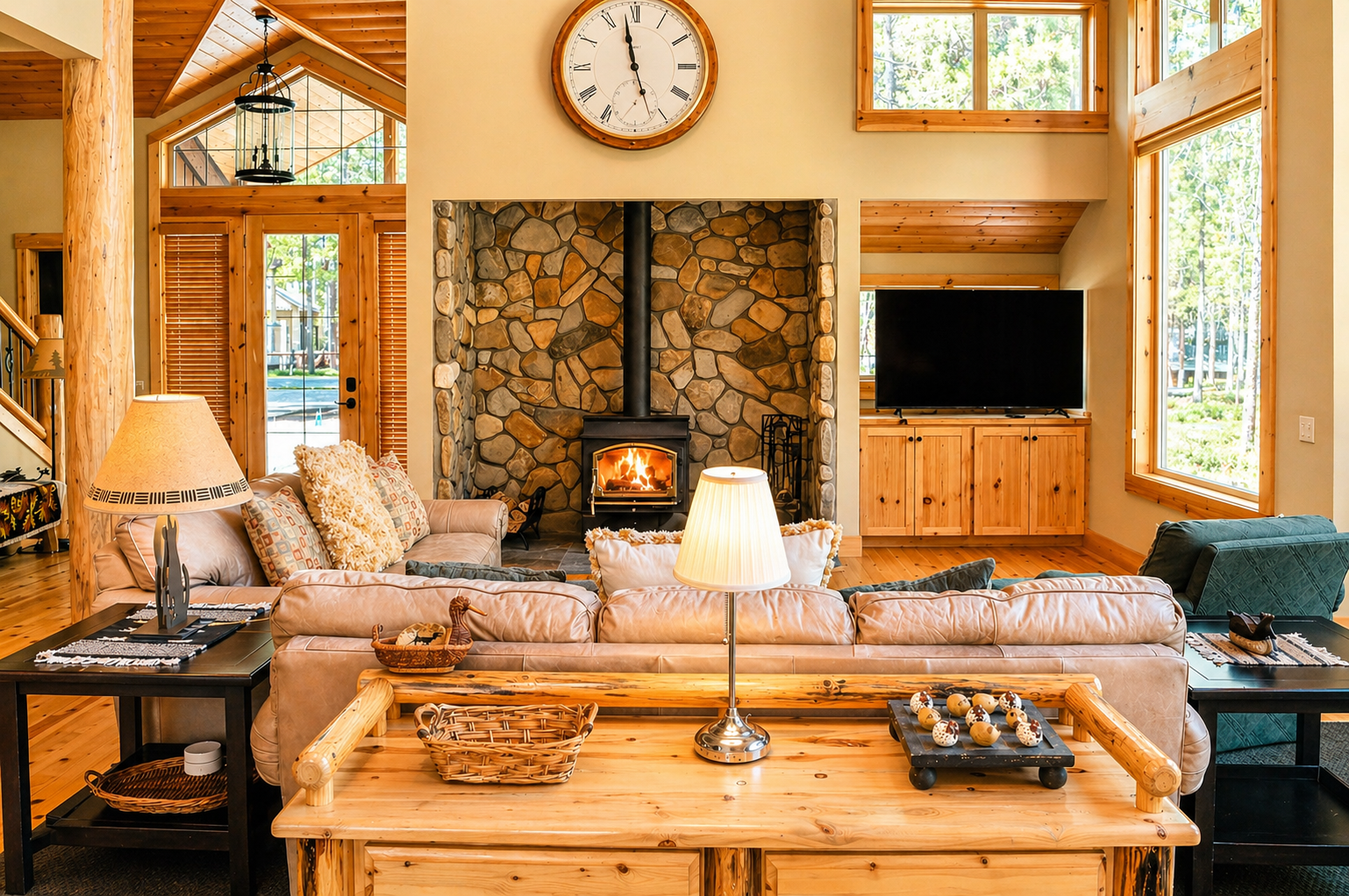 Relax in your cozy living room with crackling fireplace and rustic stone accent wall.