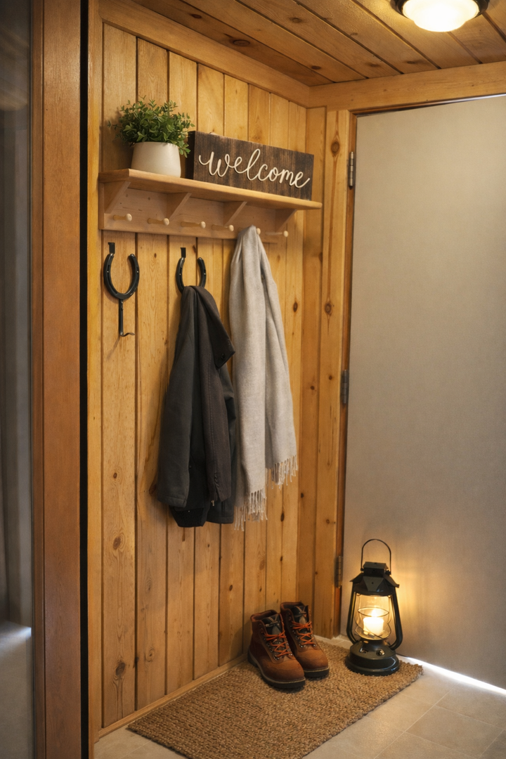 Step into your cozy entryway where warm wood meets rustic charm—hang your coat and feel instantly at home.