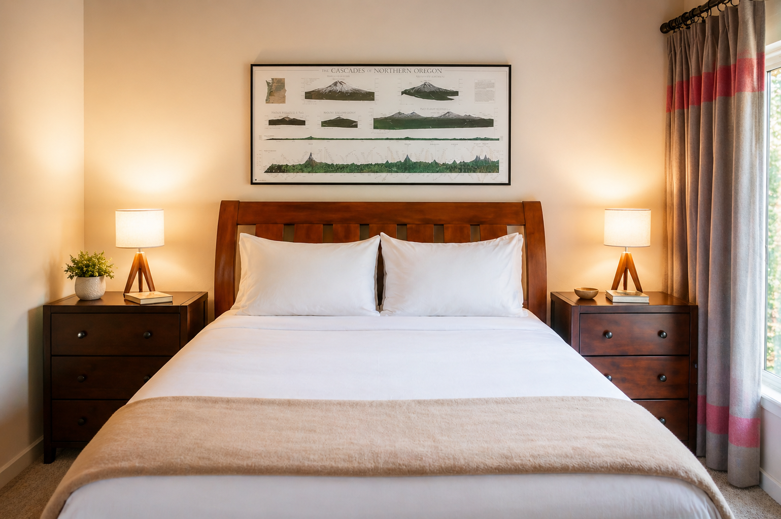 Sink into crisp linens and plush pillows in your tranquil bedroom retreat, thoughtfully designed with warm lamps and mountain artwork to help you unwind after a day of adventure.