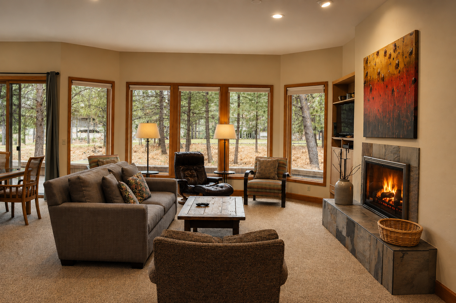 Unwind in your inviting living space where a crackling fireplace and forest views create the perfect retreat. Plush seating and warm lighting welcome you home after a day exploring the area.