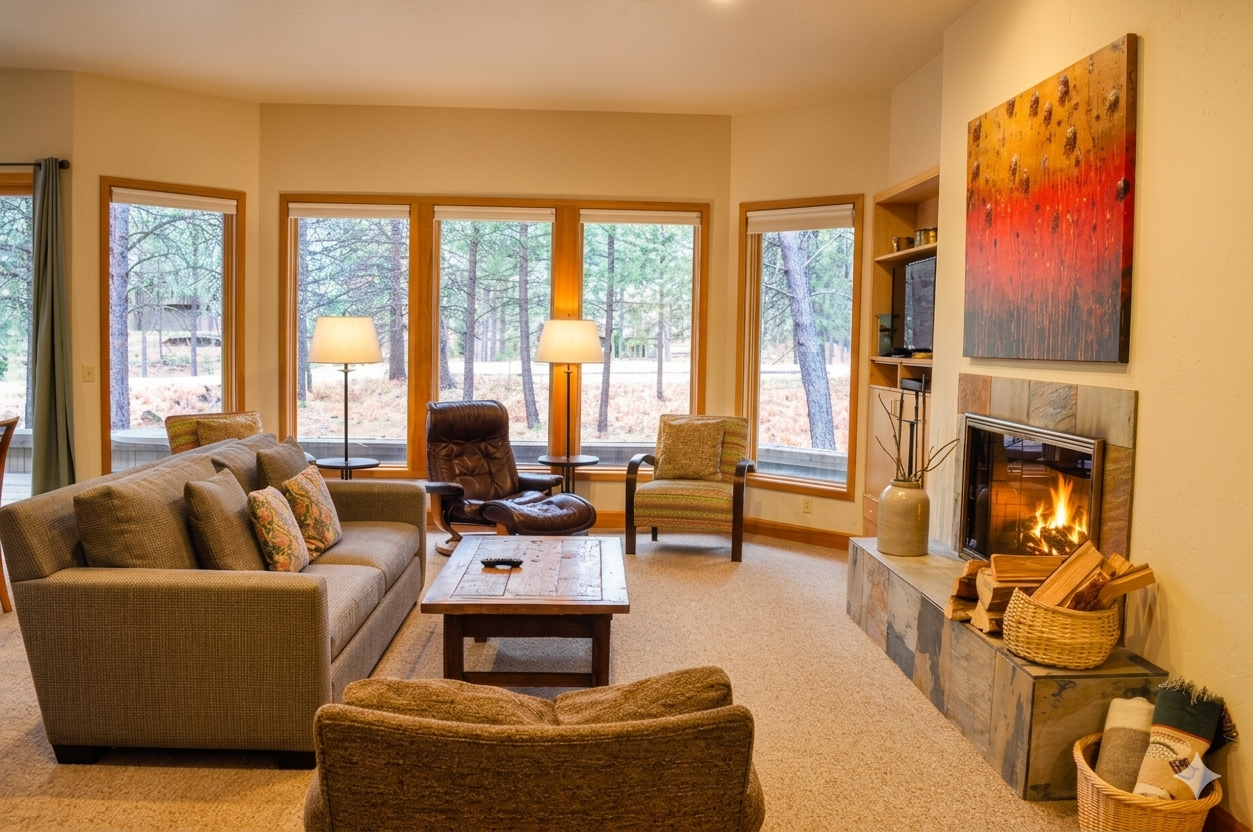 Unwind in your inviting living room where natural light streams through expansive windows framing peaceful forest views. Sink into plush seating by the warm fireplace as golden light fills this cozy retreat.