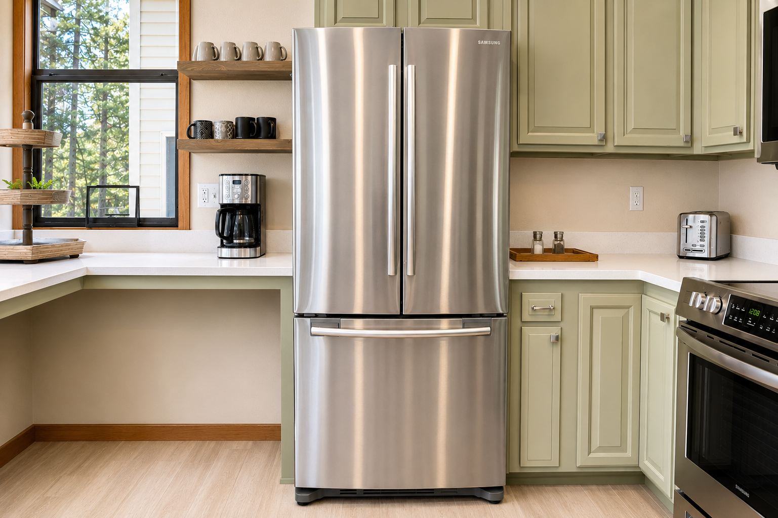 Your well-appointed kitchen features modern stainless appliances, custom cabinetry, and forest views—perfect for preparing meals and sipping morning coffee.
