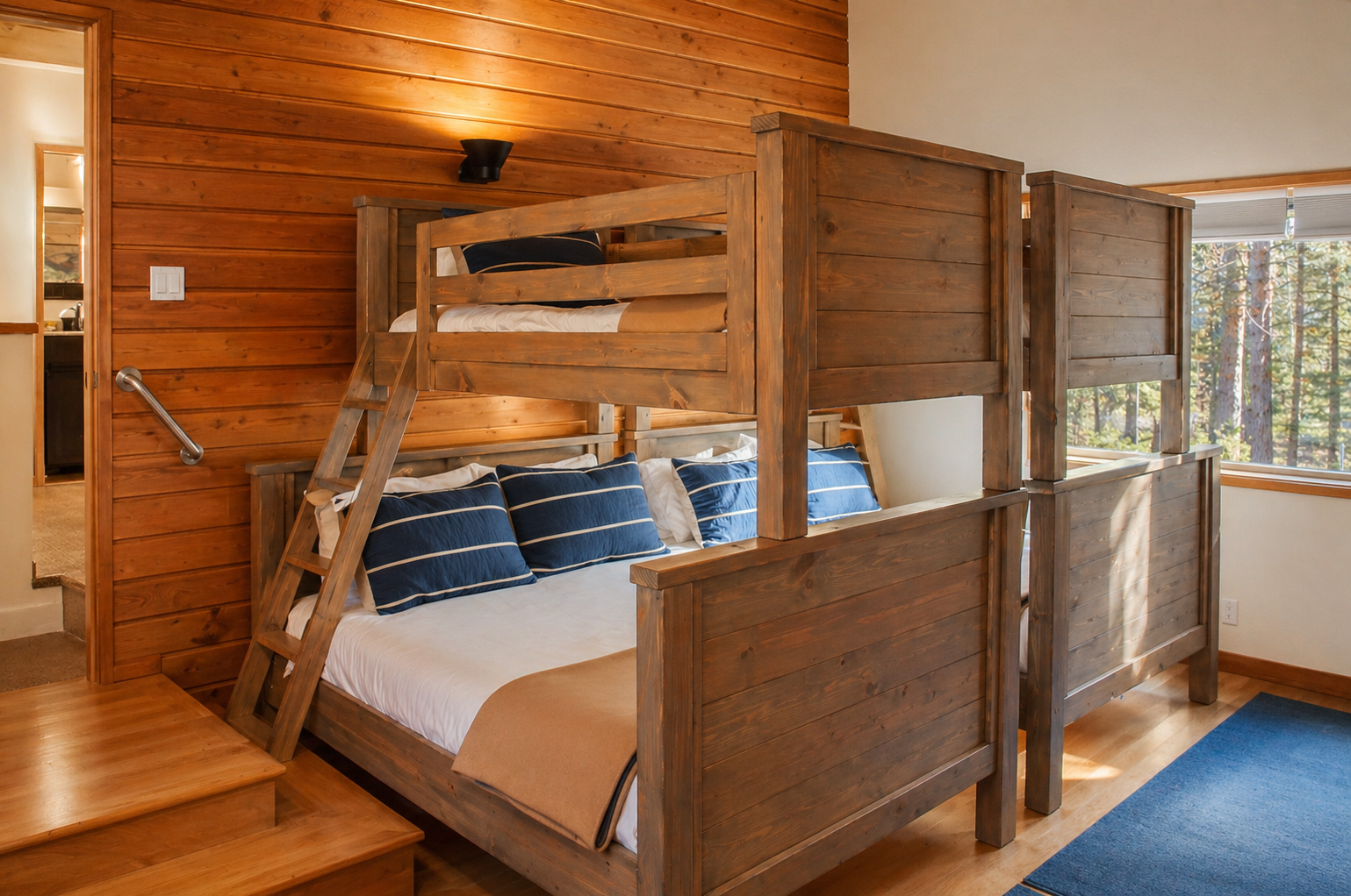 Cozy up in your rustic wooden bunk beds where warm timber surrounds you and forest views create the perfect mountain retreat atmosphere.