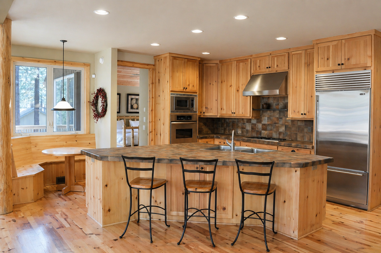 Your fully-equipped kitchen features warm wood cabinets, granite counters, and stainless steel appliances perfect for preparing memorable meals during your stay.