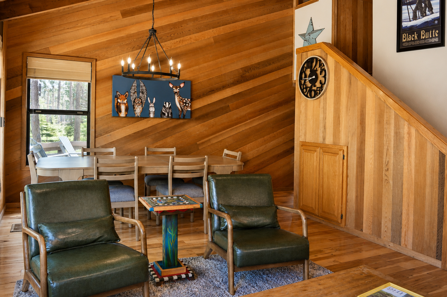 Relax in your own mountain lodge oasis, where warm wood tones and cozy leather chairs invite you to unwind after exploring nearby trails and natural beauty.