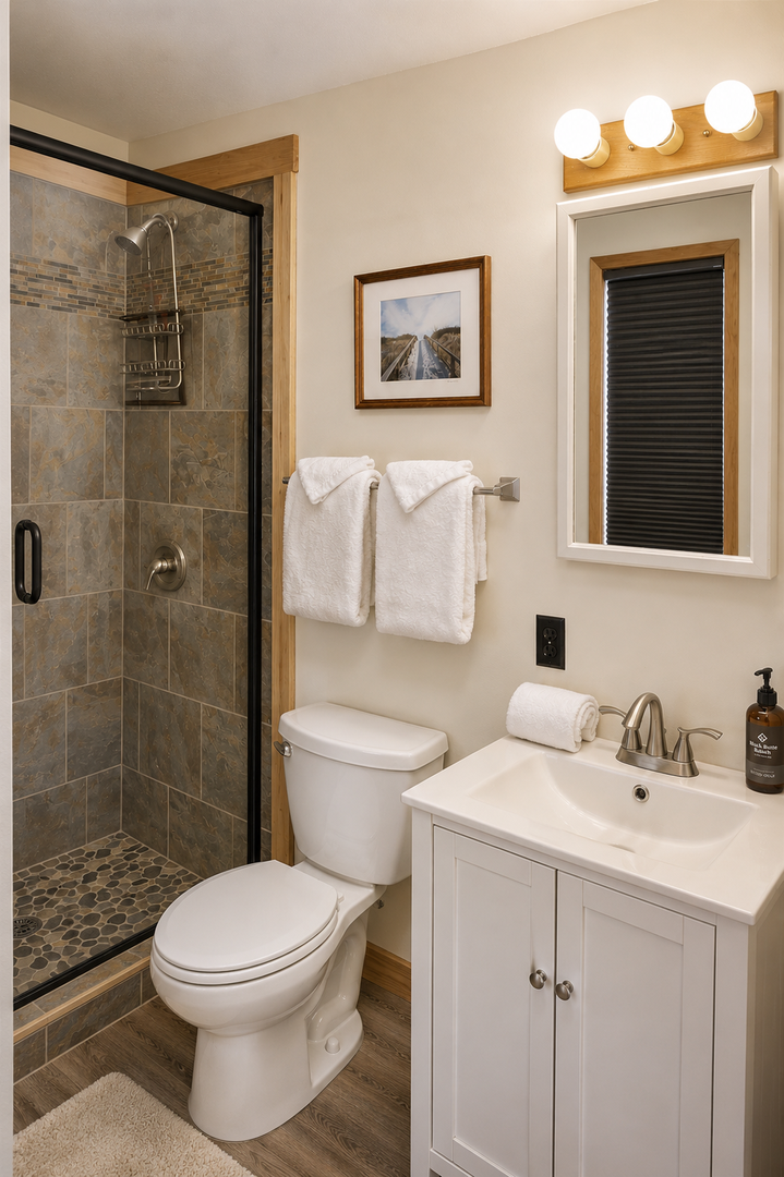 Your private bathroom features a walk-in shower with natural stone tiles, crisp white towels, and warm wood accents—freshly cleaned and ready for your stay.