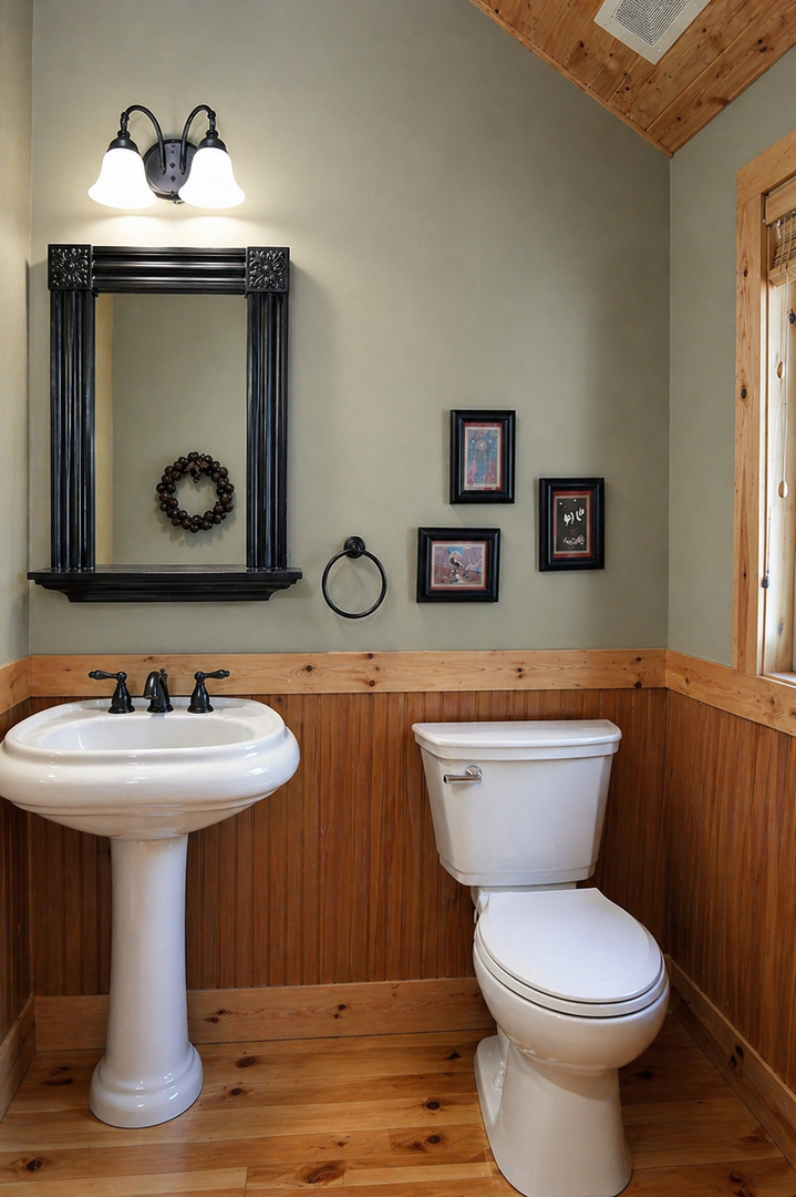 Refresh in your charming rustic bathroom, where warm wood details and thoughtful decor create a cozy, home-like atmosphere for your stay.