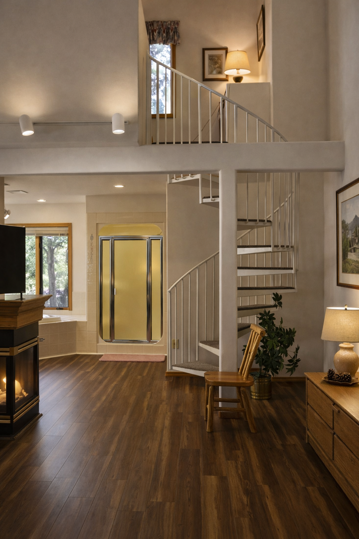 Your open living space features a charming spiral staircase and cozy fireplace, creating the perfect atmosphere for unwinding after exploring.