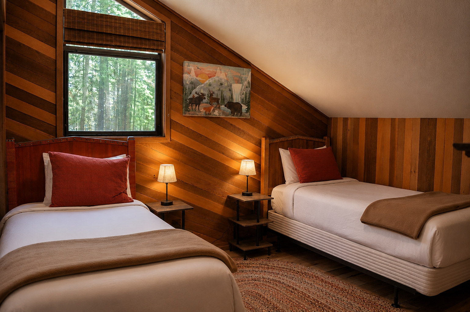 Wake up in your cozy cabin retreat with warm wooden walls and plush twin beds topped with crisp linens and rust-colored pillows, all bathed in gentle natural light from forest views just outside your window.