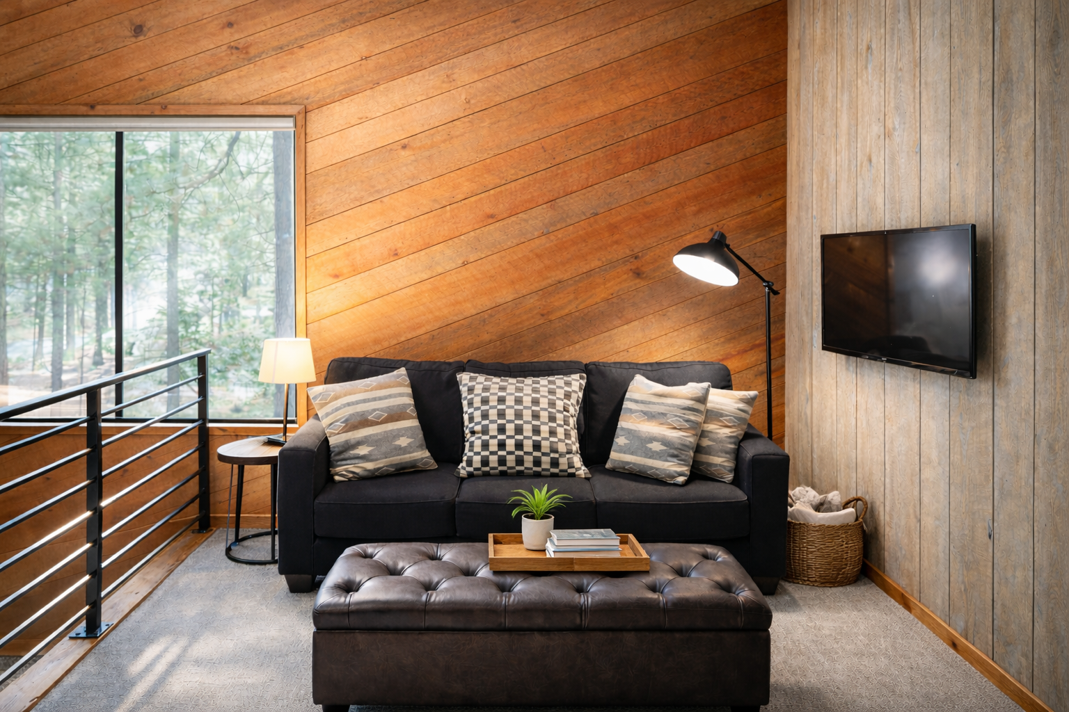 Unwind in your modern living room where warm wood walls meet sleek furnishings, perfect for relaxing after exploring the wooded surroundings.