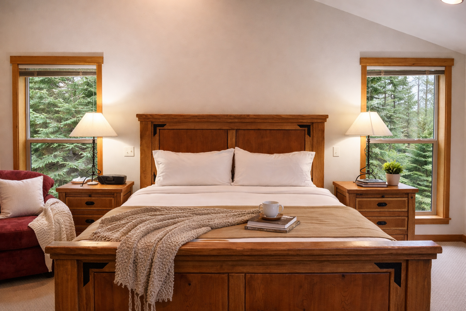 Drift into peaceful sleep surrounded by warm wood and forest views from your window-side retreat.