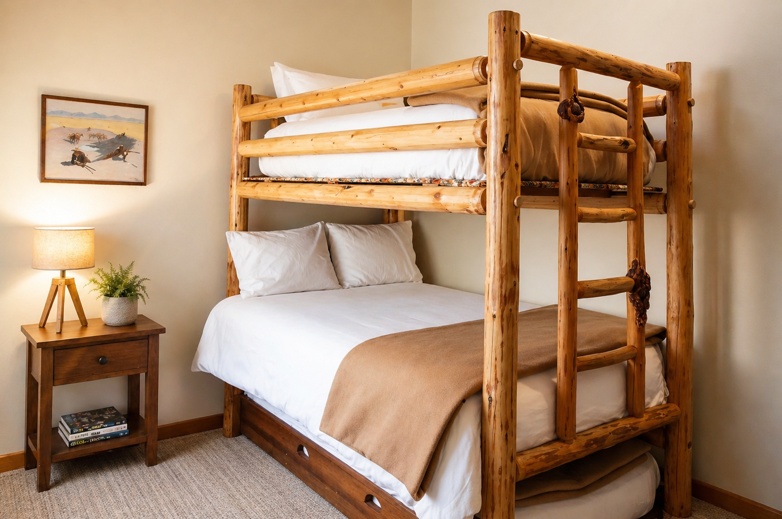 Rustic charm meets restful comfort in this cozy bedroom with handcrafted log bunk beds and crisp white linens, perfect for families or friends traveling together.