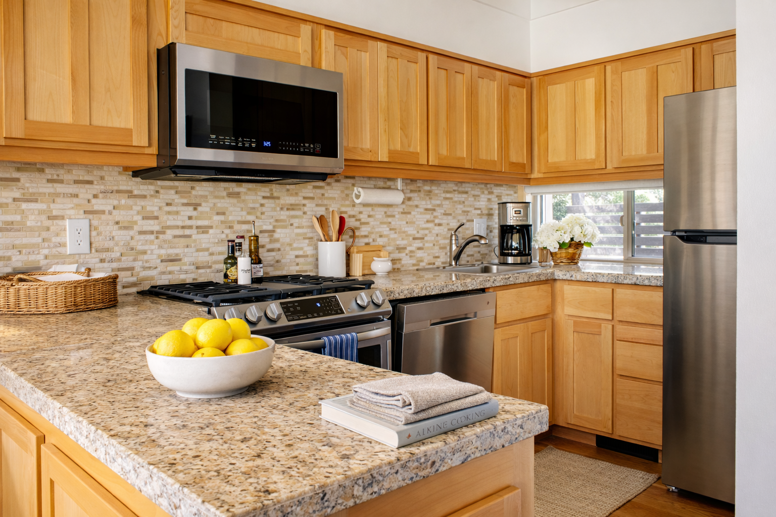 Your fully equipped kitchen makes meal prep a joy with granite counters, stainless appliances, and warm wood cabinets.