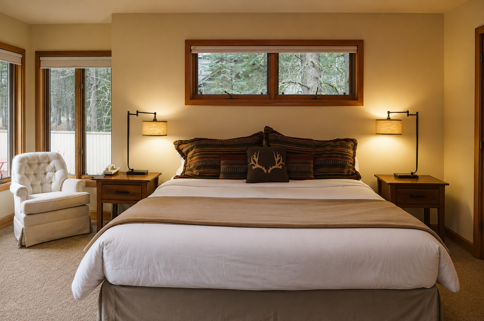 Sink into crisp linens and plush pillows in your peaceful bedroom retreat, where warm lighting and forest views create the perfect sanctuary for restful nights.